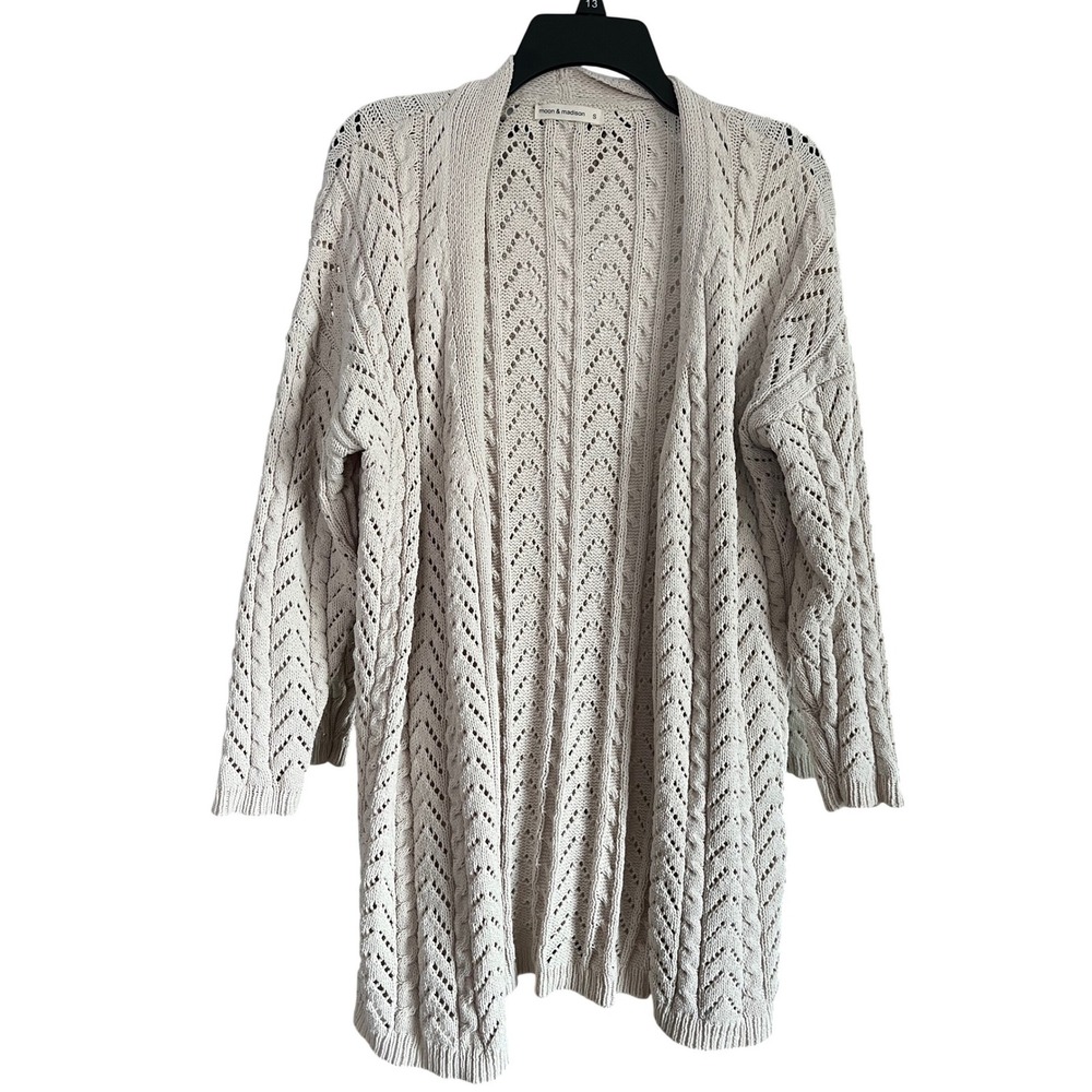 Moon & Madison Cream Pointelle Cable Knit Open Front Cardigan Sweater SMC2852